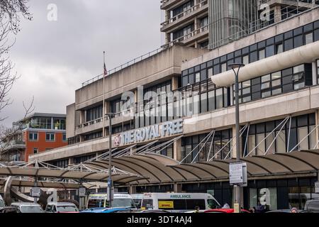 LONDON - DECEMBER 15, 2025: Royal Free Hospital Hampstead exterior ambulance entrance emergency department Stock Photo