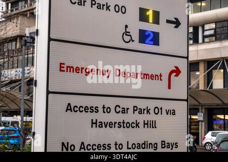 LONDON - DECEMBER 15, 2025: Royal Free Hospital Hampstead exterior ambulance entrance emergency department Stock Photo