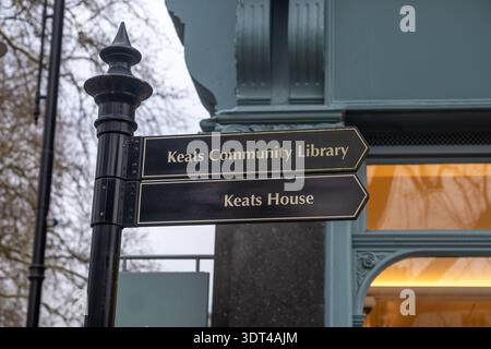 LONDON - DECEMBER 15, 2025: Keats House and Keats Community Library signpost South End Road Hampstead Heath Stock Photo