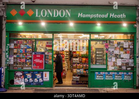 LONDON - DECEMBER 15, 2025: London convenience store South End Road Hampstead Heath local shop exterior Stock Photo