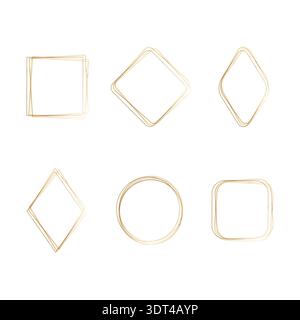 Six delicate watercolor frames are presented on a clean white background. These include various geometric forms like squares, diamonds, a circle, and a rounded square, perfect for design elements. Stock Vector
