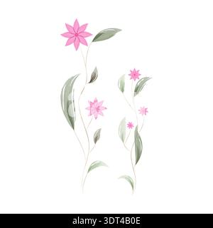 Elegant watercolor plants featuring multiple vibrant pink flowers with simple petals. Long, slender green leaves gracefully stem from thin stalks against a clean white background. Stock Vector