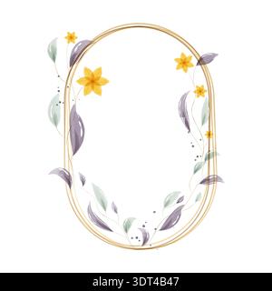 An elegant watercolor illustration features an oval golden frame with charming yellow flowers and flowing purple and green leaves. This decorative element is perfect for invitations or cards. Stock Vector