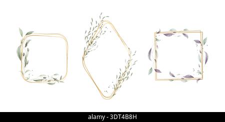 Three distinct watercolor frames showcase delicate gold lines adorned with botanical leaves. Soft green and subtle purple foliage accents round, diamond, and square shapes, creating elegant designs. Stock Vector