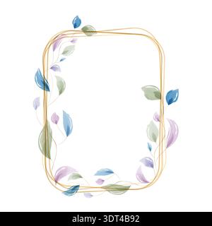 A decorative golden frame featuring soft watercolor leaves in shades of blue, green, and purple. The elegant botanical design outlines an empty space, perfect for text or pictures. Stock Vector