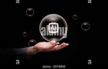 AI bubble concept. Human hand holding an AI chip inside a transparent bubbles, Fragile tech boom, speculation, rapid investment growth, hype, market p Stock Photo