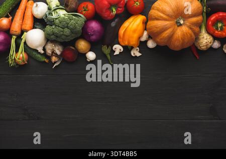 Colorful Collection of Fresh Vegetables Arranged on Dark Wooden Surface Stock Photo