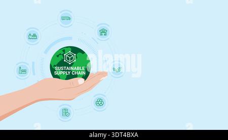 Sustainable supply chain concept with earth in hand and logistics icons representing green sourcing, ethical production and eco friendly distribution. Stock Vector
