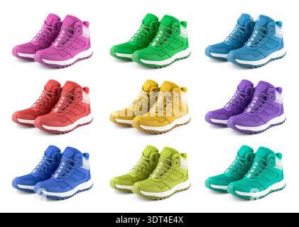 Collection of colorful waterproof hiking winter boots isolated on white background Stock Photo