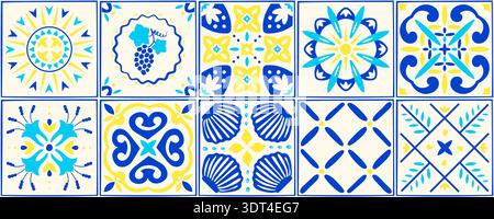 Mediterranean ceramic tile pattern. Blue Italian mosaic design and yellow summer color. White watercolor background with greek floral ornaments, nautical sea ribbon elements, and sardinia mosaic frame Stock Vector