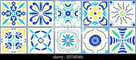 Vintage Amalfi coast pattern with blue mediterranean tiles and yellow lemon citrus color. Italian mosaic design with spanish floral ornaments, nautical slate ribbon and seamless seaside town aesthetic Stock Vector