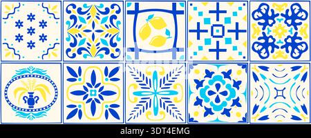 Mediterranean citrus pattern with blue amalfi tiles and yellow lemon fruit. Italian mosaic mural with nautical lisbon textures, moroccan geometric ornaments, and coastal town ribbon label design. Stock Vector