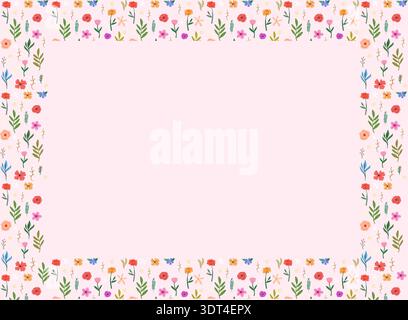 Floral border illustration with colorful flowers and leaves on a light pink background Stock Vector