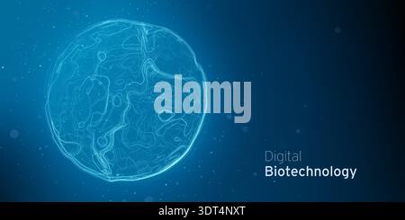 Abstract blue Virus Cell Cyber Technology illustration. Pathogen digital biotechnology futuristic concept. Biology innovative research backdrop. Stock Vector