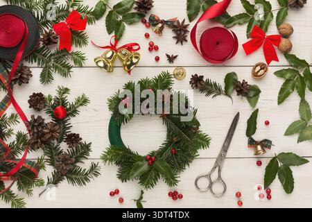 Creative Collage of Holiday Decorations and Craft Items on a Wooden Surface Stock Photo