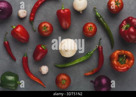 Collage of Vegetables With Various Colors and Shapes on a Grey Surface for Healthy Meals Stock Photo