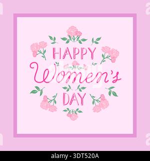 Happy Women's Day decorative illustration with pink flowers and green leaves on pastel background Stock Vector