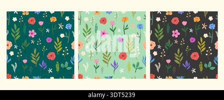 Floral pattern illustration featuring colorful flowers and leaves on three distinct backgrounds Stock Vector