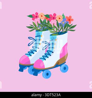 Colorful roller skates filled with vibrant flowers against a pink background for creative design Stock Vector