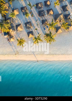 Aerial view of palms, umbrellas on empty sandy beach, blue sea Stock Photo