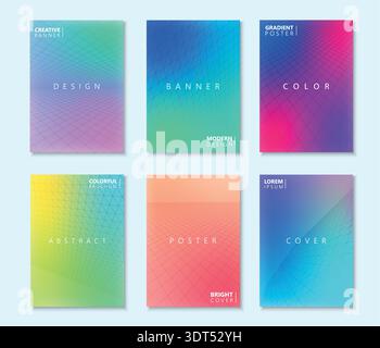 Collection of bright gradient colorful abstract posters, templates, placards, brochures, banners, flyers, backgrounds. Multicolor holographic covers Stock Vector