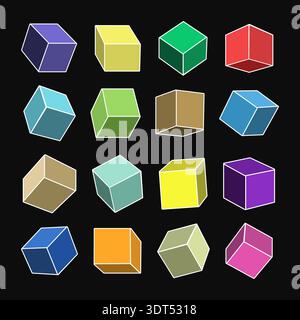 Collection of isometric colorful abstract 3D cubes in different sides. Minimal geometric three dimensional vector outline shapes isolated on black Stock Vector