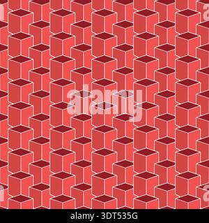 Red cubes seamless geometric 3d abstract pattern. Digital technology repeatable vector bright optical background. Yellow optical illusion design Stock Vector