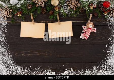 Collage With Empty Cards and Christmas Decorations on Wooden Surface With White Snow Stock Photo
