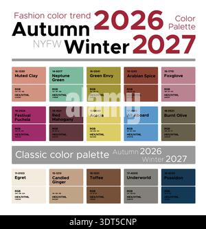 Fashion color trends Autumn Winter 2026-2027. Palette fashion colors guide with named color swatches, RGB, HEX colors Stock Vector