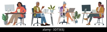 Set of diverse people working on laptops Stock Vector