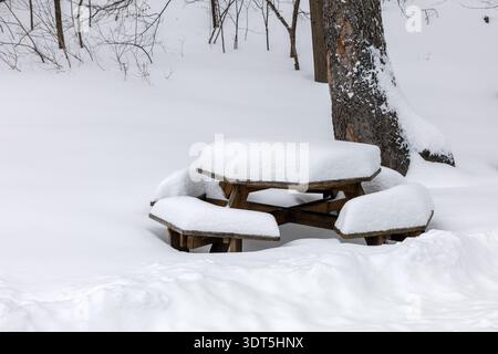 Winter park with wooden picnic table covered in snow Stock Photo
