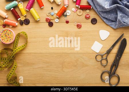 Craft Supplies Laid out in a Collage for Sewing and Fabric Projects Stock Photo