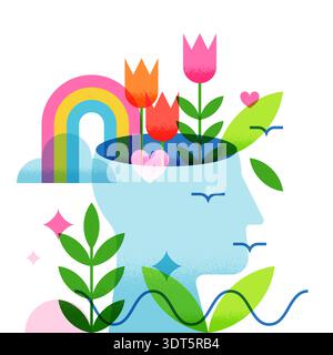Vector flat geometric illustration. Open human head with flowers, rainbow, leaves and birds. Concept of imagination, positive thinking, mental growth, Stock Vector