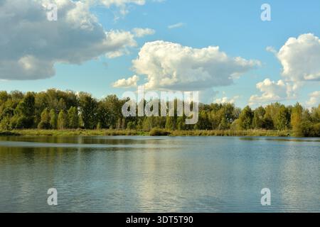 Beautiful cumulus clouds are reflected in the rippling surface of a picturesque lake with tall trees lining its banks on a sunny summer day. Lake Mali Stock Photo