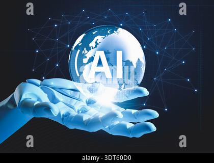 Robot hand holding virtual globe with AI on dark background. Artificial intelligence in global development Stock Photo
