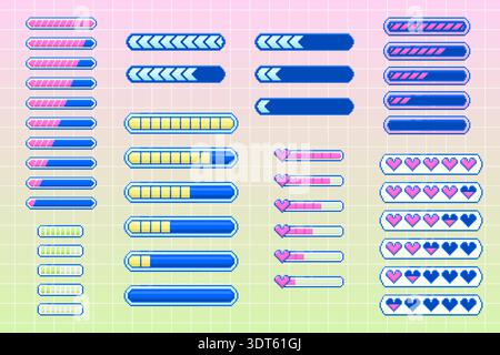 Pixel art progress bars and health status bars set Stock Vector