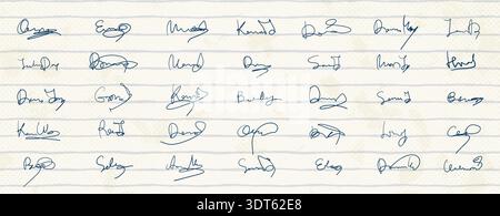 Unreadable vector handrwritten signatures on lined paper, sample autographs for sample certificates, templates and document Stock Vector
