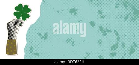 Halftone vector hand holding a four leaf clover, good luck symbol on textured background for brochures and flyers Stock Vector