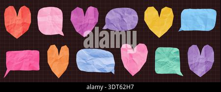 Colorful vector crumpled paper speech bubble shapes, cute empty text box heart stickers for children designs, scrapbook collages and social media back Stock Vector