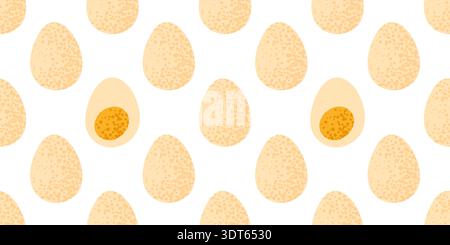 Seamless pattern with whole and cut eggs. Textured shells and bright yolk create a warm food motif. Modern flat illustration of breakfast ingredient. Stock Vector