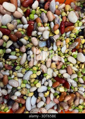 Various kinds of dried beans and legumes are shown in a closeup still life.The beans are mixed in different sizes and colors. This display is vibrant Stock Photo