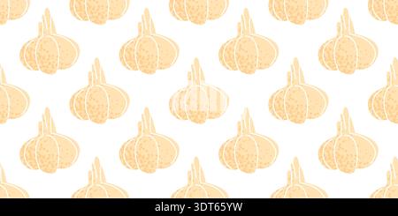 Seamless pattern with garlic bulbs. Textured flat illustration in warm natural tones. Repeating culinary ingredient design with soft cream palette. Stock Vector