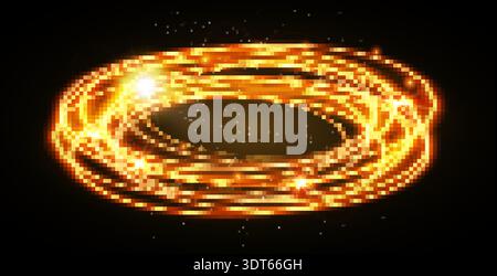 Energy abstract glowing light rings dynamic circular vortex, luminous neon plasma trails with sparkling particles futuristic cosmic background Stock Vector