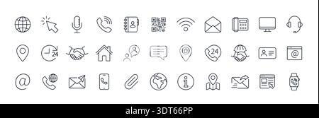 Contact line icon set. Phone email info stroke symbol vector. Outline address location clock news social icon Stock Vector