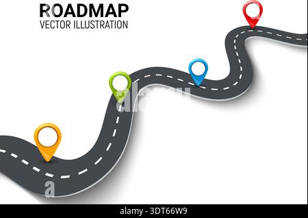 Roadmap 3d infographic timeline path vector concept. Road map winding isometric journey way background. Stock Vector