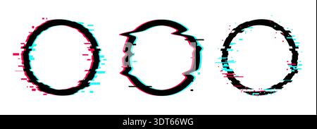Glitch effect circle frame background. Neon glitch light digital design vector frame cyberpunk icon set. Stock Vector