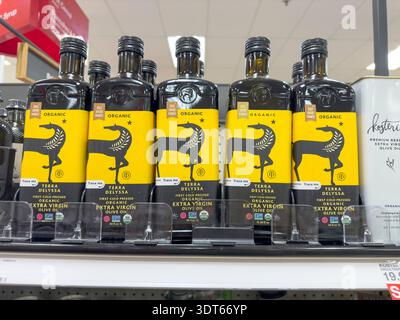 Los Angeles, California, United States - 08-14-2024: A view of several bottles of Terra Delyssa olive oil, at the store. Stock Photo