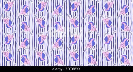 Seamless pattern with stylized pastel birds on vertical striped background. Modern decorative surface design for textile, wallpaper and fashion prints Stock Vector