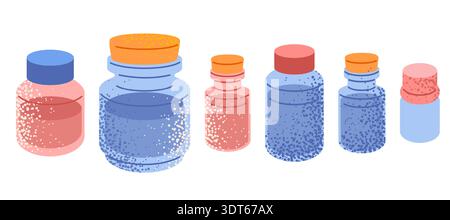 Illustration set of glass bottles and jars with different shapes and caps. Each container includes visible liquid and textured detail. Stock Vector