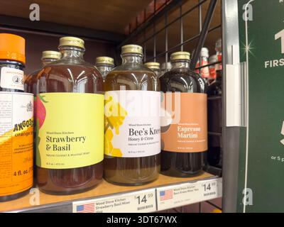 Los Angeles, California, United States - 08-14-2024: A view of several bottles of Wood Stove Kitchen cocktail mixers, at the store. Stock Photo